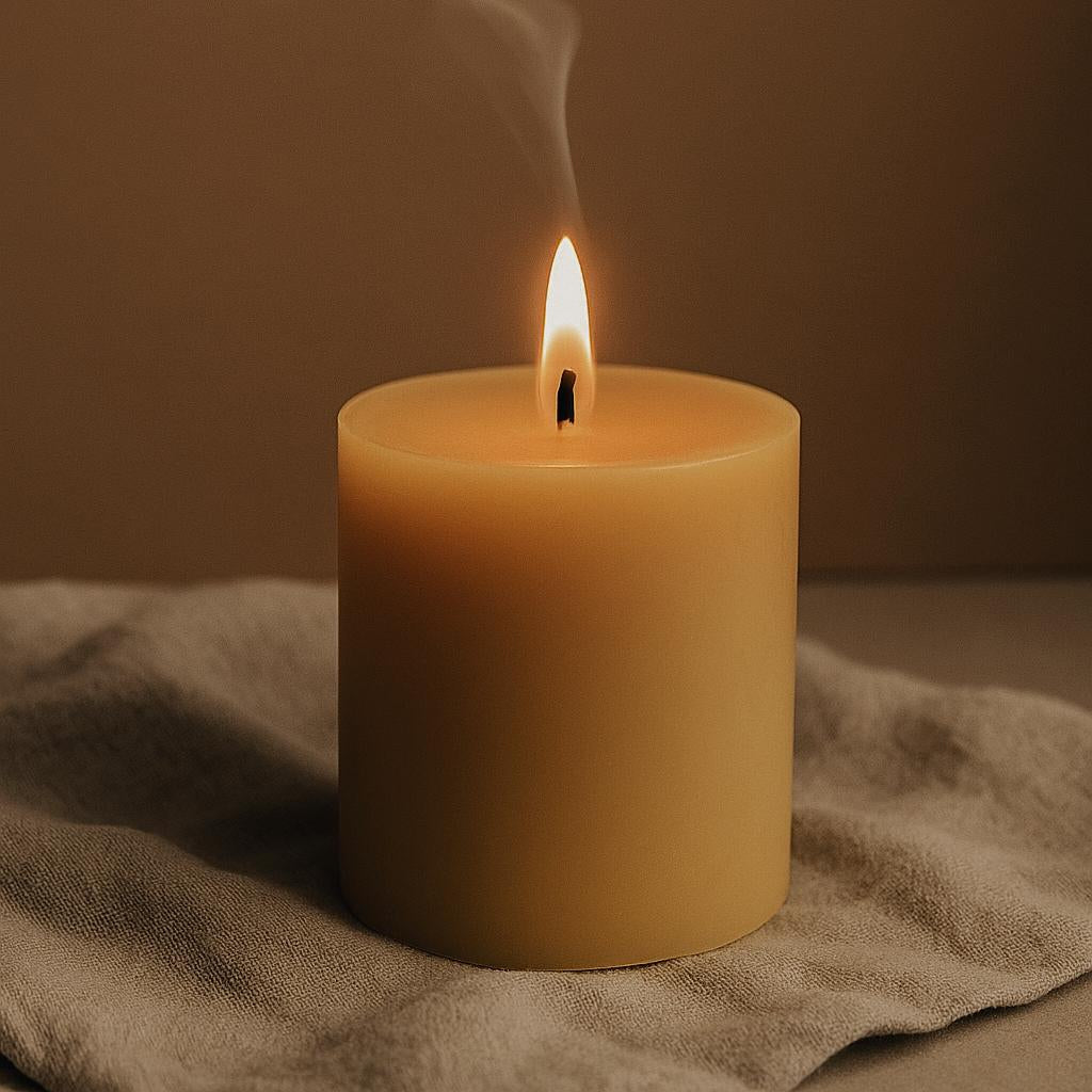 Candle with smoke rising against a brown background
