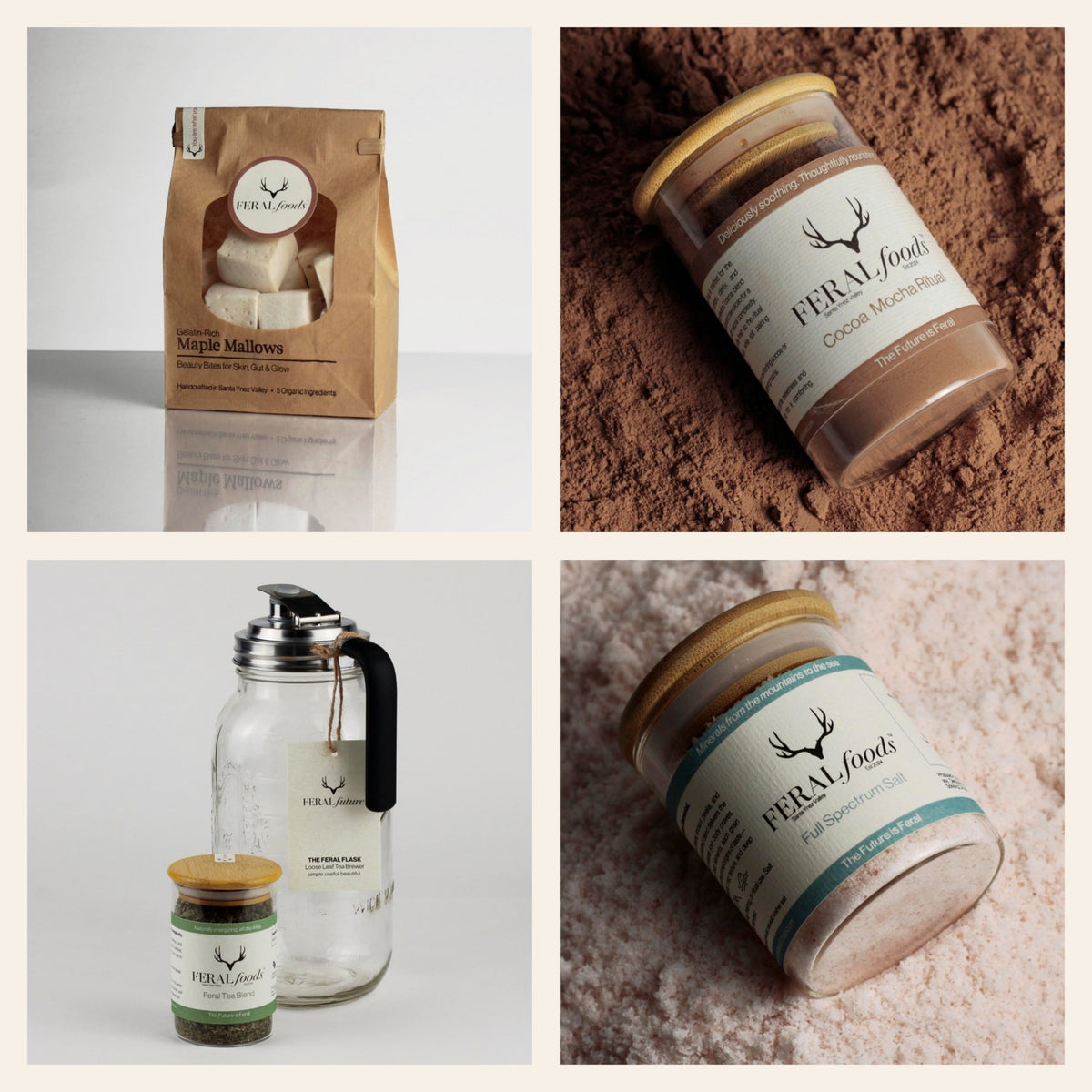 Eat Your Skincare Set: Maple Mallows, Cocoa Mocha Ritual, Feral Flask with Feral Tea, and Full Spectrum Salt